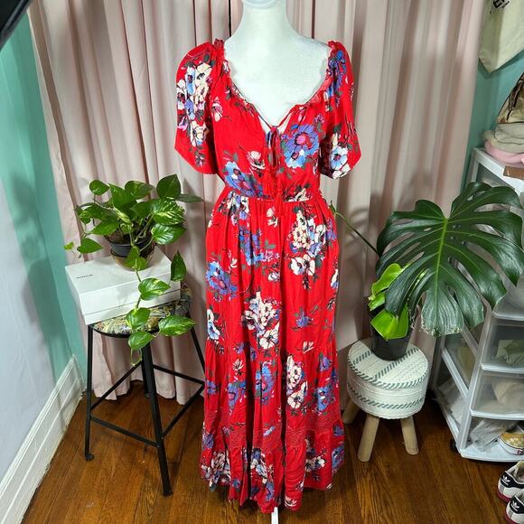 Band of Gypsies Floral Boho Maxi Dress XS Red Viscose Peasant Puff Sleeve Lace - Picture 12 of 12